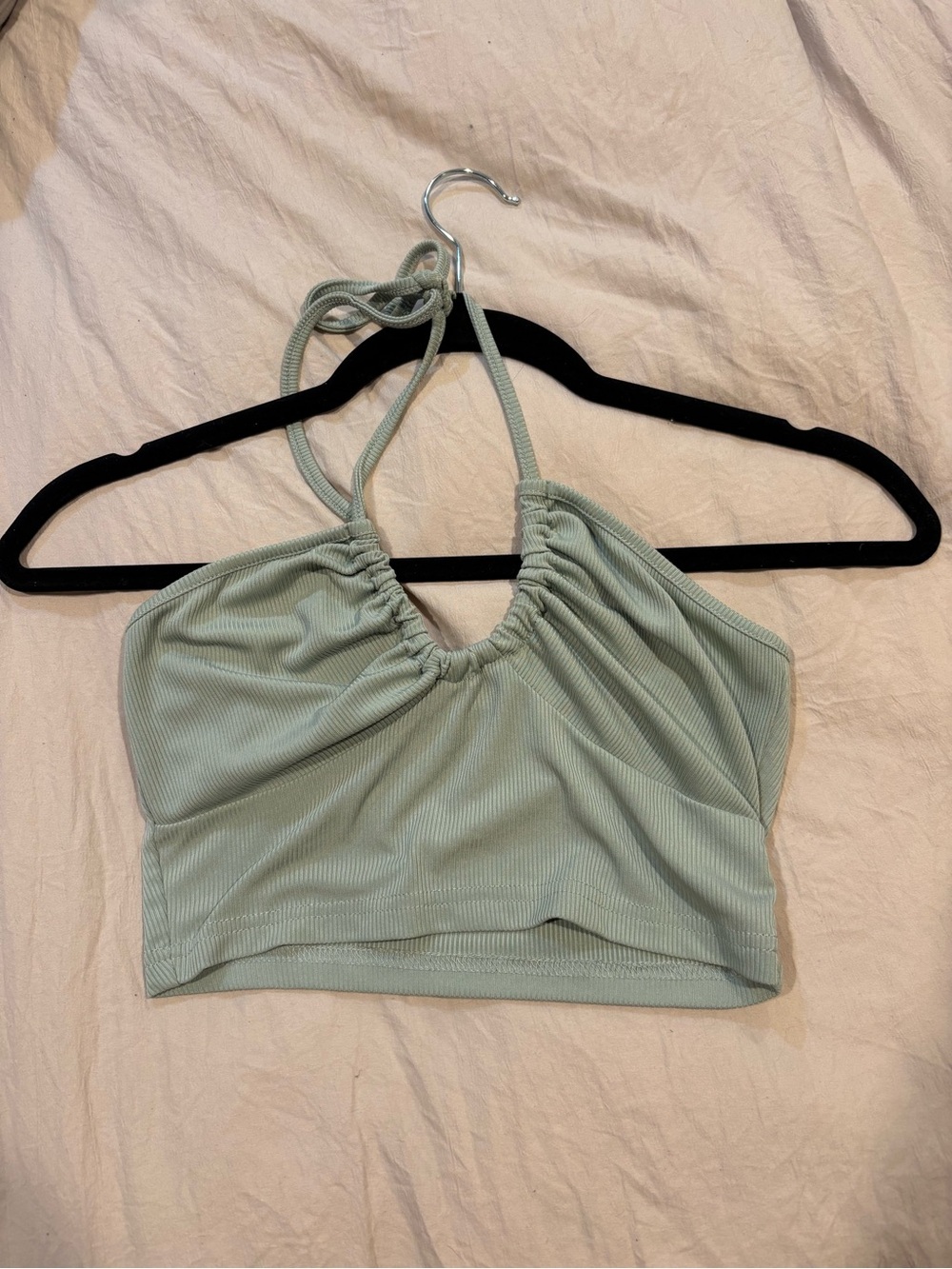 Ribbed Halter Crop Top in Sage Green